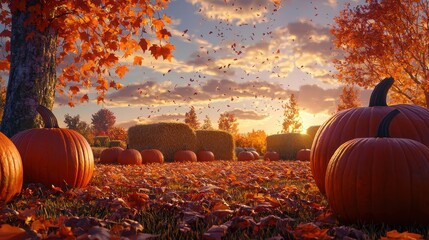 Vibrant Autumn Landscape with Pumpkins and Colorful Leaves Under a Beautiful Sunset Sky, Capturing the Essence of Fall Harvest Season