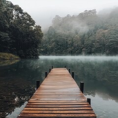 Tranquil Scene of a Wooden Dock Stretching into Misty Water Surrounded by Lush Green Forests on a Calm Morning