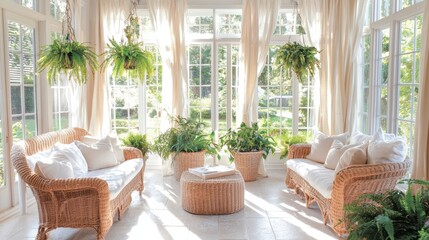 Fototapeta premium Bright and Airy Sunroom with Elegant Wicker Furniture and Lush Green Plants Surrounded by Large Windows Bathing the Space in Natural Light