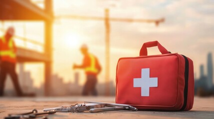 A red first aid kit on a construction site, symbolizing safety and preparedness in the workplace with workers visible in the background.
