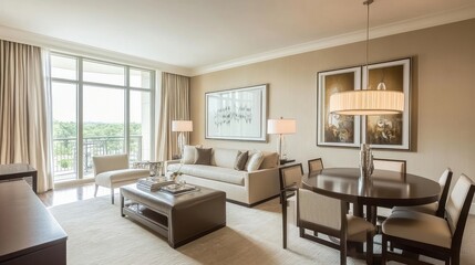 Fototapeta premium Modern Living Room and Dining Area with City View