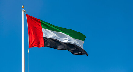 The United Arab Emirates flag waves against a clear blue sky, symbolizing national pride and unity. The vibrant red, green, white, and black colors stand out boldly, representing Emirati heritage.
