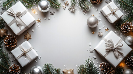 White gift boxes with silver ribbons, arranged symmetrically, surrounded by silver ornaments, pinecones, and sparkling star confetti, on a light gray background....