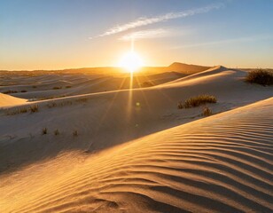 Golden Sun Rising Over a Serene Desert Dune Landscape, Casting Long Shadows Across the Rippling Sands as Far as the Eye Can See, Creating a Peaceful Desert Morning Scene