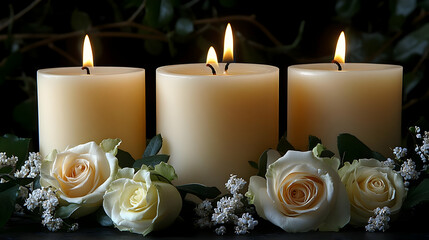 Obraz premium Three Burning Candles and White Roses - Realistic Image