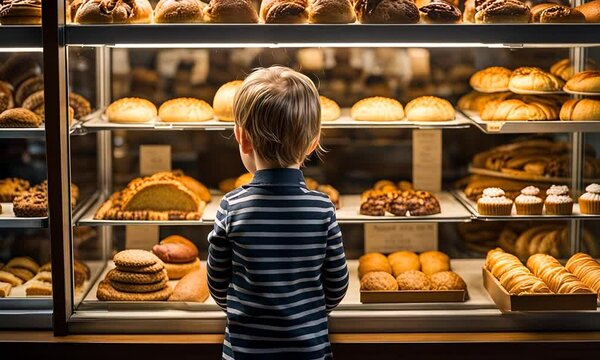 Young boy looking at a bakery display case full of pastries, breads, and other baked goods.