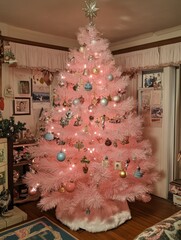 Retro-style pink Christmas tree adorned with eclectic ornaments and lights, creating a cozy,...