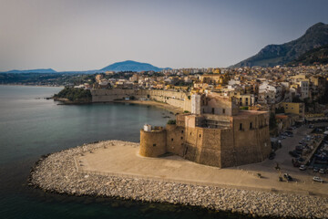 Castellammare del Golfo, Sicily, Italy. June 2023, sunny early morning. Aerial drone picture.