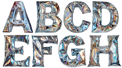 Metallic balloon letters from A to H with holographic shine cut out on transparent background