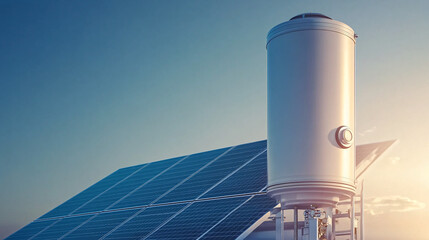 A solar water heater system with photovoltaic panels under a clear blue sky, showcasing sustainable energy solutions.