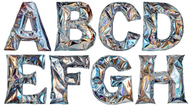 Metallic balloon letters from A to H with holographic shine cut out on transparent background