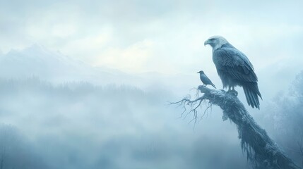 Fototapeta premium A large eagle is perched on a branch in front of a mountain range