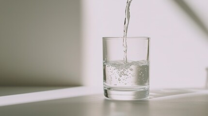 Pure water pouring into a clear glass against a white background