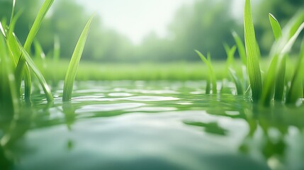 Obraz premium A close up of a body of water with green grass growing on the edge