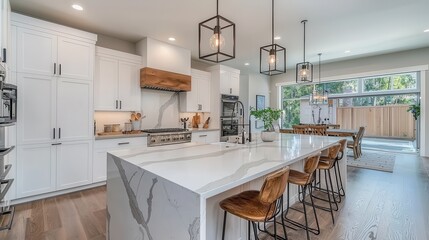 Elegant Modern Kitchen with Open Concept Design Featuring a Large Island, Stylish Bar Stools, Ambient Lighting, and Expansive Windows for Natural Light