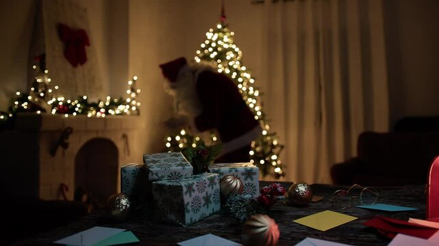 Cold Santa Claus Magically Lights The Fireplace And Warms Himself Up In His Home