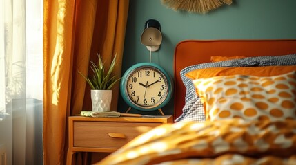 Cozy Bedroom Scene with Vintage Clock, Green and Orange Accents, Warm Natural Light, and Colorful Bedding Featuring Polka Dots, Soft Textures, and Decorative Elements