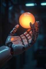 Fototapeta premium Futuristic robotic hand grasping a glowing orange orb in a dimly lit environment, showcasing advanced technology and artistic design in a sci-fi setting