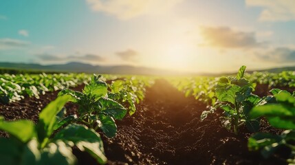 Naklejka premium Vibrant Green Vegetable Plants Growing in Rows Under a Beautiful Sunrise Over a Peaceful Agricultural Landscape
