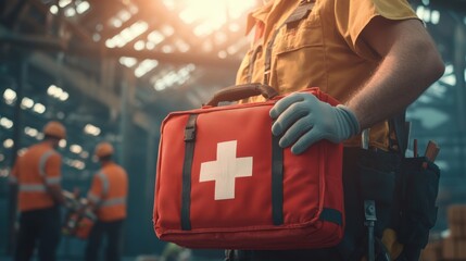 A worker holding a first aid kit, symbolizing safety and preparedness in an industrial environment.