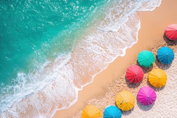 Obraz premium Vibrant Beach Scene with Colorful Umbrellas and Ocean Waves on Sandy Shoreline Captured from Above, Evoking a Relaxing Summer Atmosphere