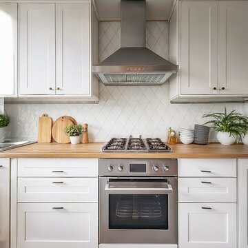 front facing realistic built in kitchen. photo of a kitchen with a hood, hob and oven where you an see the full appliances. white kithen
