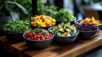 Colorful Salad Bowls on Wooden Table - Realistic Image