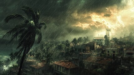 Fototapeta premium Dramatic Stormy Landscape with Dark Clouds, Heavy Rain, and Palm Trees Overlooking an Abandoned Coastal Town During a Natural Catastrophe