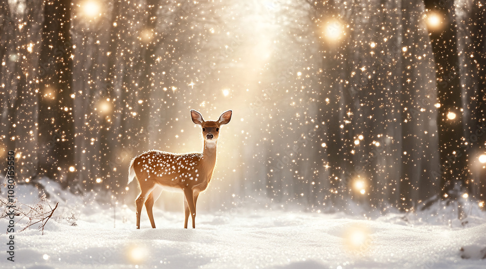 Poster A deer stands in a snowy forest with light filtering through the trees. The deer is looking at the camera, its coat spotted brown and white. Snow falls gently around it