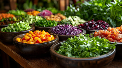 Fototapeta premium Fresh Salad Bar Ingredients in Wooden Bowls - Illustration