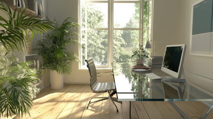 A modern office workspace featuring a glass desk, ergonomic chair, and abundant natural light with greenery visible through large windows.