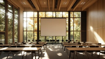 Modern conference room with large windows and projector screen