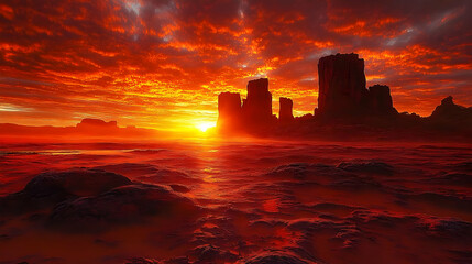 Obraz premium Fiery Sunset Landscape with Silhouettes of Rocks