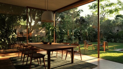 Fototapeta premium A modern dining room with large glass windows overlooking a lush garden, featuring a wooden table and minimalist decor.