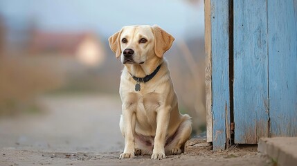 A golden Labrador retriever sitting beside a blue wall, exuding a calm demeanor against a rural backdrop.