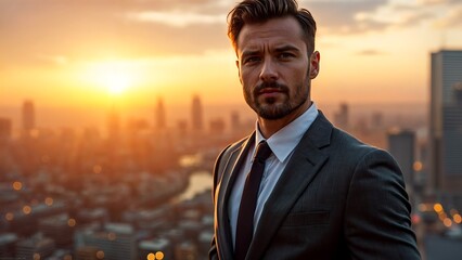 Confident Senior Businessman at Sunset Skyline, Symbol of Success & Leadership