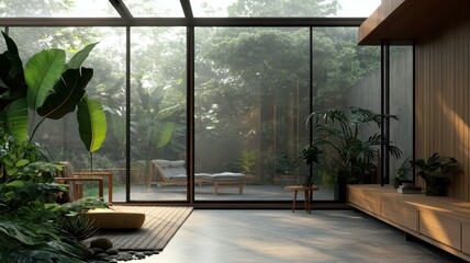 A serene indoor space with large glass windows allowing natural light, surrounded by lush greenery and modern furnishings, creating a harmonious connection with nature.