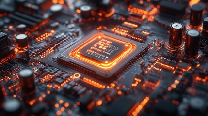 Close-up of a glowing circuit board with a central processor.