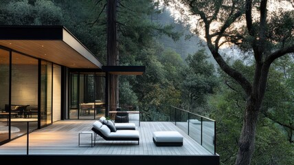 A modern home integrates seamlessly with nature, featuring sleek architecture and a spacious deck surrounded by lush greenery.