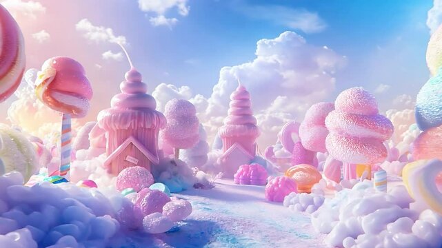 Cotton candy, marshmallows town, A vibrant pastel world filled with delectable sweets and candies, dreamy	
