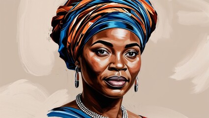 Striking artistic portrait of a Black woman in colorful headwrap and traditional attire, celebrating Black heritage, copy space