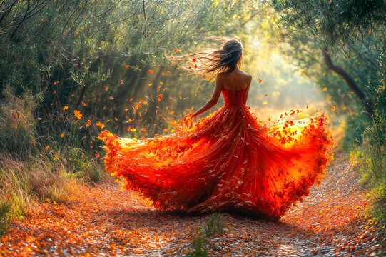 Femme qui danse dans la for&ecirc;t en automne avec une robe faite de feuilles mortes qui volent autour d'elle