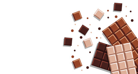 Chocolate bars. Chocolate background. Realistic Chocolate Bar with Pieces. Milk, dark and white chocolate bars. Vector illustration