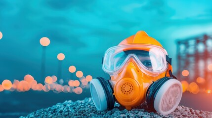 Protective gear including a gas mask and goggles displayed on gravel with a blurred industrial background.