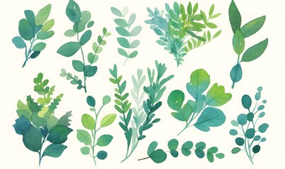 Watercolor green leaves collection, Generative AI 