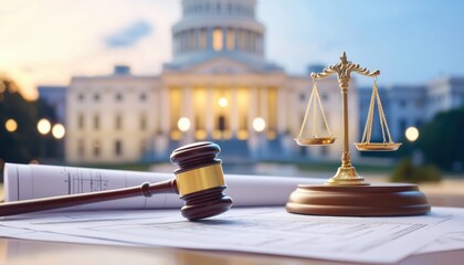 Symbolic image of justice, featuring a gavel and scales in front of a government building, representing law and order.