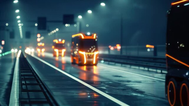 Futuristic Autonomous Trucks with Neon Lights on Highway
