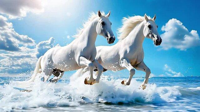Two white horse jumps out of the sea on sunny day	
