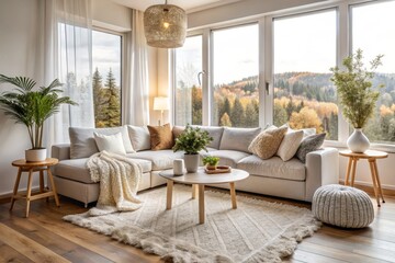 Cozy Scandinavian Hygge Living Room Interior Featuring a White Sofa, Pillows, Blanket, and Inviting Natural Light from Large Windows in a Modern Design Setting