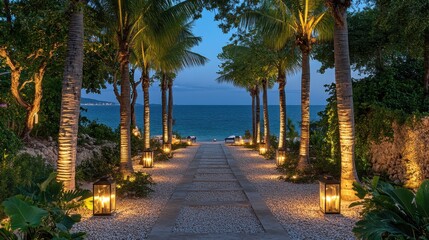 Obraz premium Serene Pathway Through Trees by the Beach at Dusk